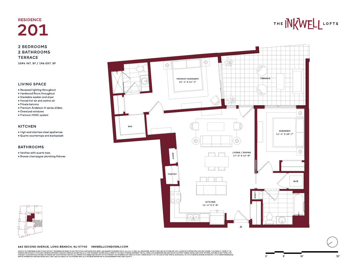 Floor plan of Residence 201 at The Inkwell Lofts, Long Branch NJ: 2 bedrooms, 2 bathrooms, 1,094 interior square feet and a 196-square-foot terrace