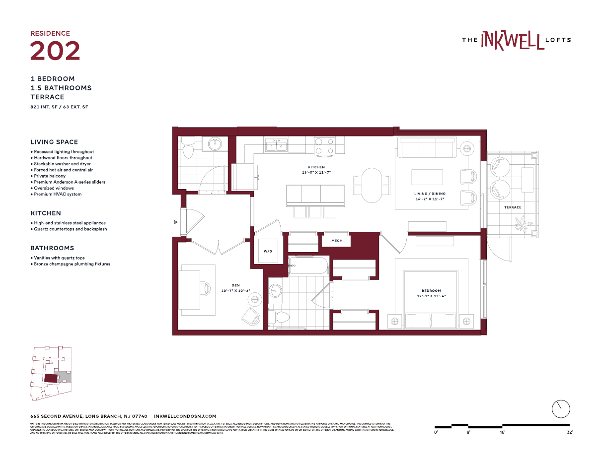 Floor plan of Residence 202 at The Inkwell Lofts, Long Branch NJ: 1 bedroom, 1.5 bathrooms, 821 interior square feet and a 63-square-foot terrace