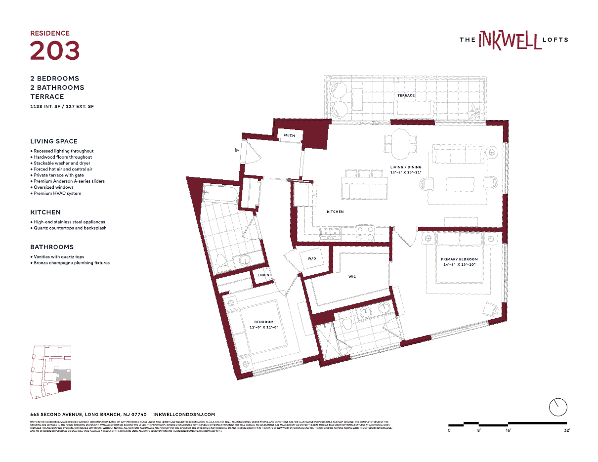 Floor plan of Residence 203 at The Inkwell Lofts, Long Branch NJ: 2 bedrooms, 2 bathrooms, 1,138 interior square feet and a 127-square-foot terrace