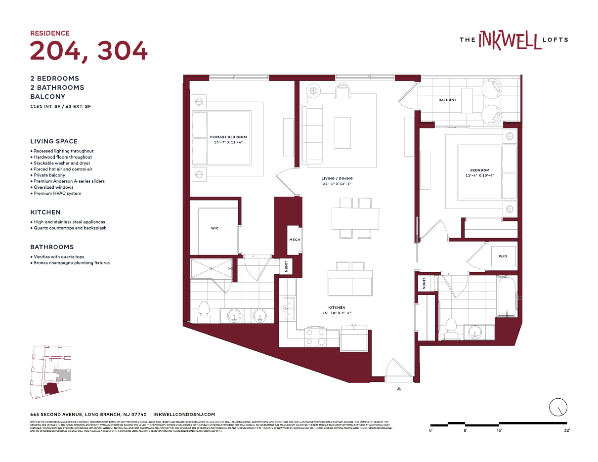 Floor plan of Residences 204, 304 at The Inkwell Lofts, Long Branch NJ: 2 bedrooms, 2 bathrooms, 1,151 interior square feet and a 63-square-foot balcony