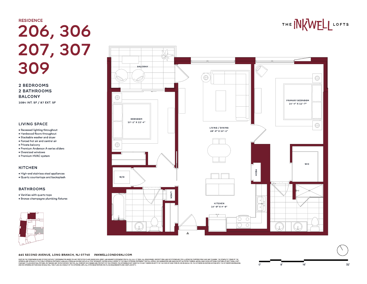 Floor plan of Residences 206, 207, 306, 307, 309 at The Inkwell Lofts, Long Branch NJ: 2 bedrooms, 2 bathrooms, 1,084 interior square feet and an 87-square-foot balcony