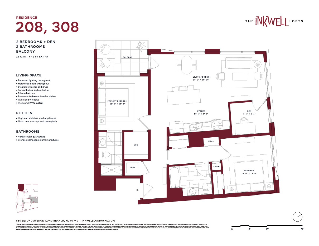 Floor plan of Residences 208, 308 at The Inkwell Lofts, Long Branch NJ: 2 bedrooms + den, 2 bathrooms, 1,131 interior square feet and an 87-square-foot balcony