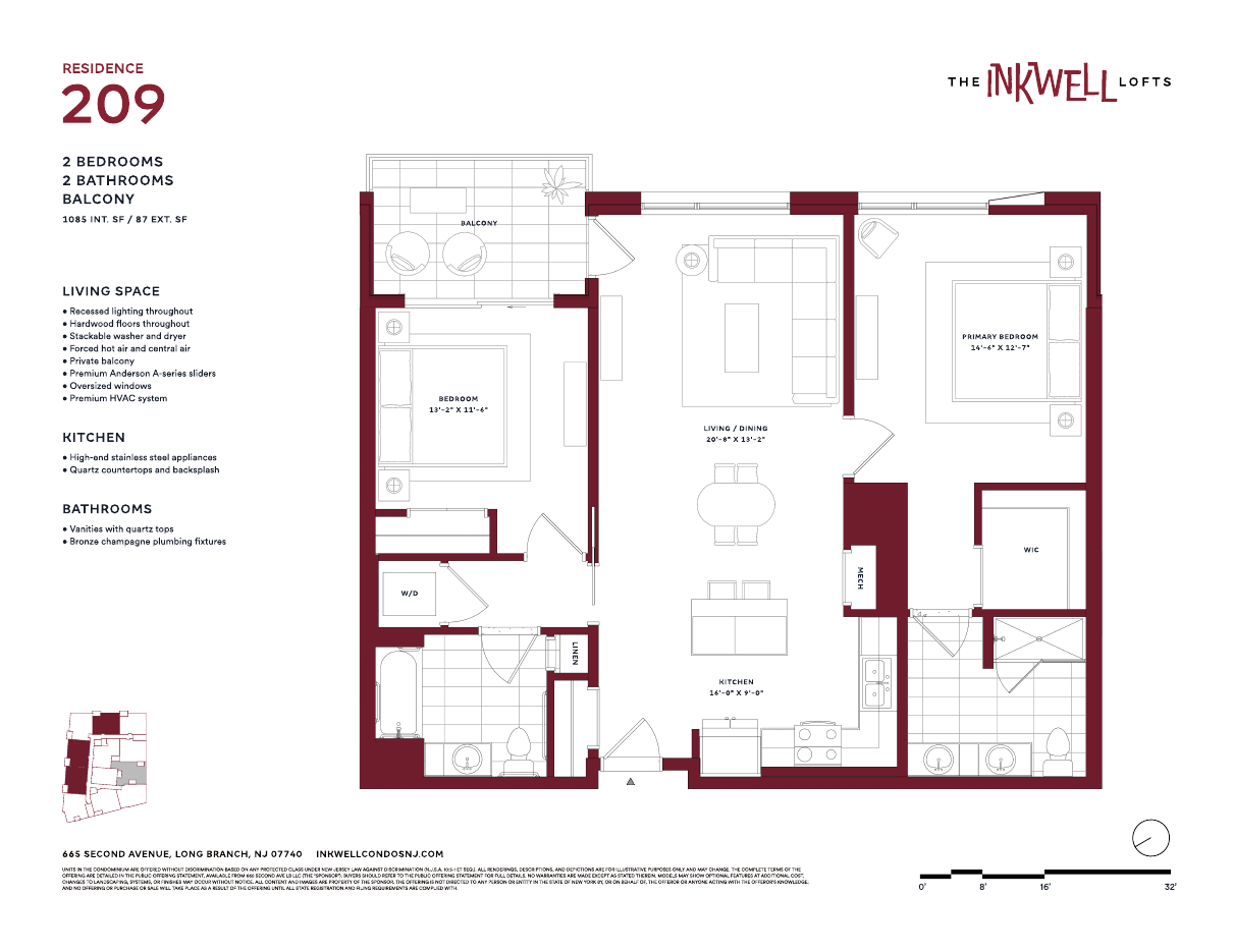 Floor plan of Residence 209 at The Inkwell Lofts, Long Branch NJ: 2 bedrooms, 2 bathrooms, 1,085 interior square feet and an 87-square-foot balcony