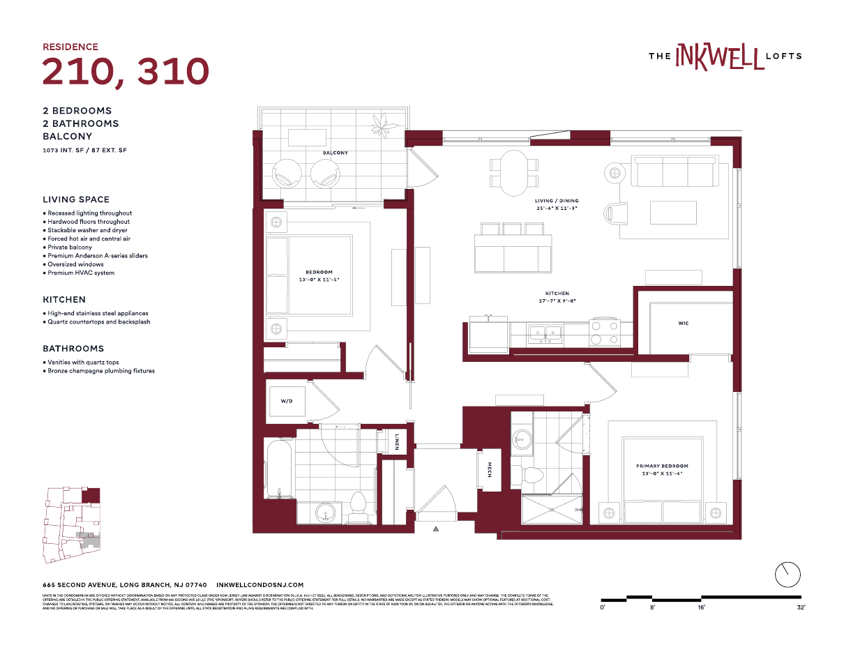 Floor plan of Residences 210, 310 at The Inkwell Lofts, Long Branch NJ: 2 bedrooms, 2 bathrooms, 1,073 interior square feet and an 87-square-foot balcony