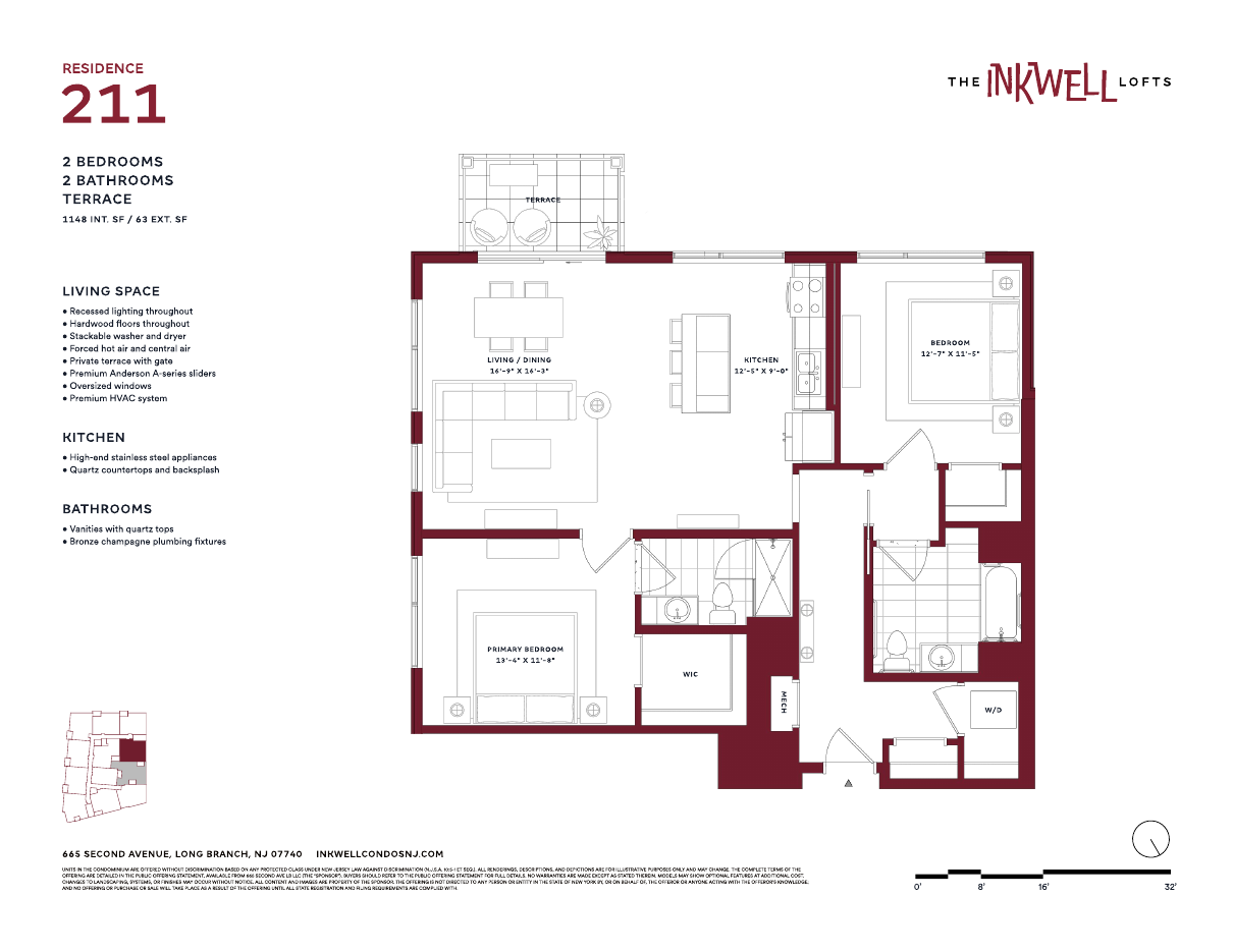 Floor plan of Residence 211 at The Inkwell Lofts, Long Branch NJ: 2 bedrooms, 2 bathrooms, 1,148 interior square feet and a 63-square-foot terrace