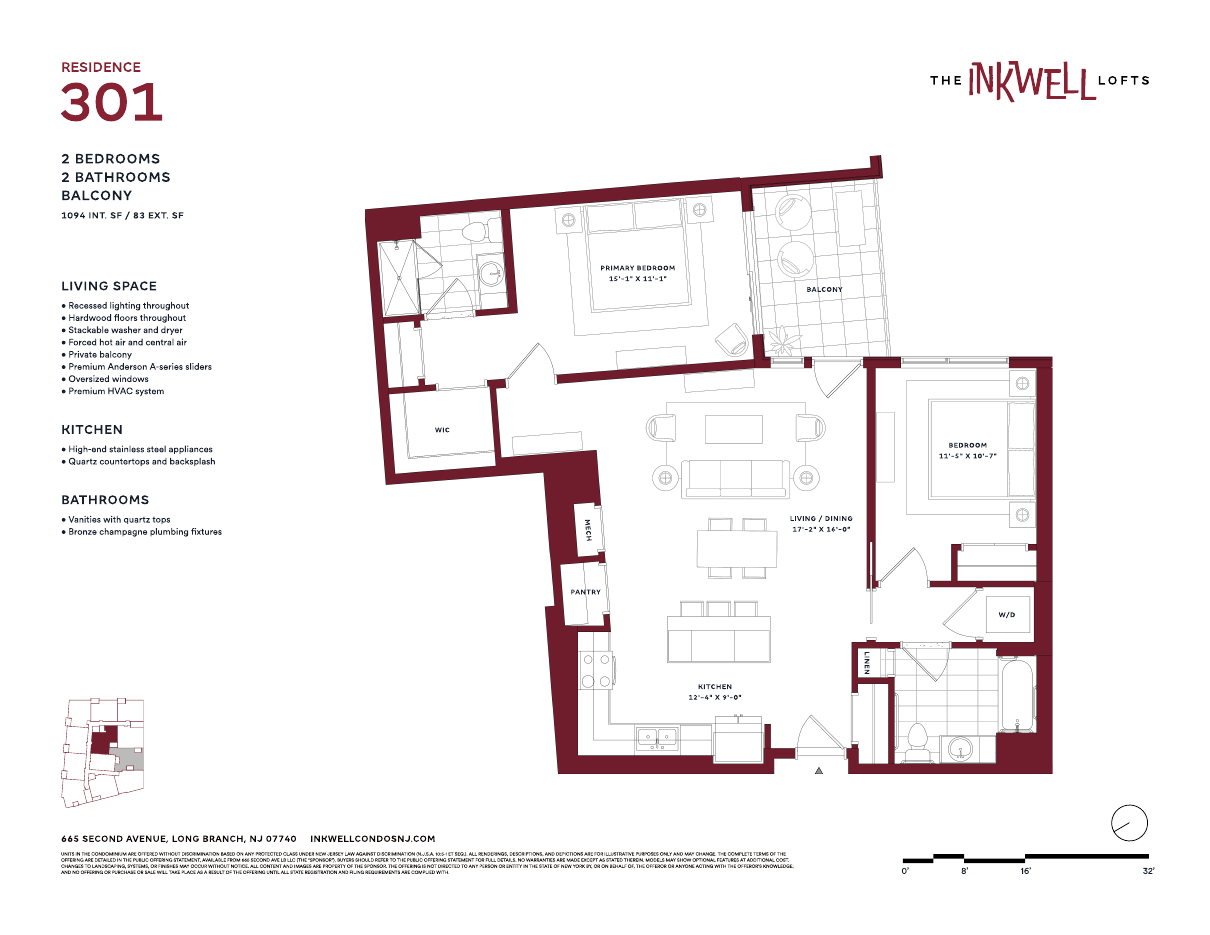 Floor plan of Residence 301 at The Inkwell Lofts, Long Branch NJ: 2 bedrooms, 2 bathrooms, 1,094 interior square feet and an 83-square-foot balcony