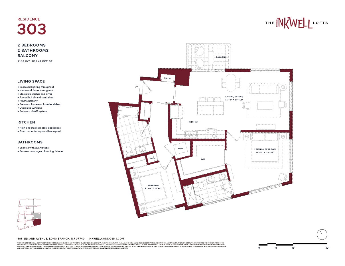 Floor plan of Residence 303 at The Inkwell Lofts, Long Branch NJ: 2 bedrooms, 2 bathrooms, 1,138 interior square feet and a 61-square-foot balcony